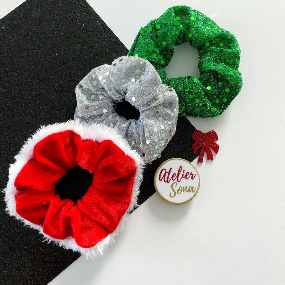 Christmas Hair Scrunchies in Ornaments - Set of 3 - Picture 2 of 3